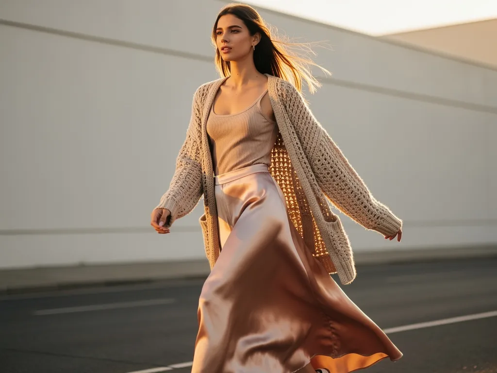 Cardigan texturé porté ouvert avec débardeur ajusté et jupe longue satin, contraste de matières pour un look moderne.