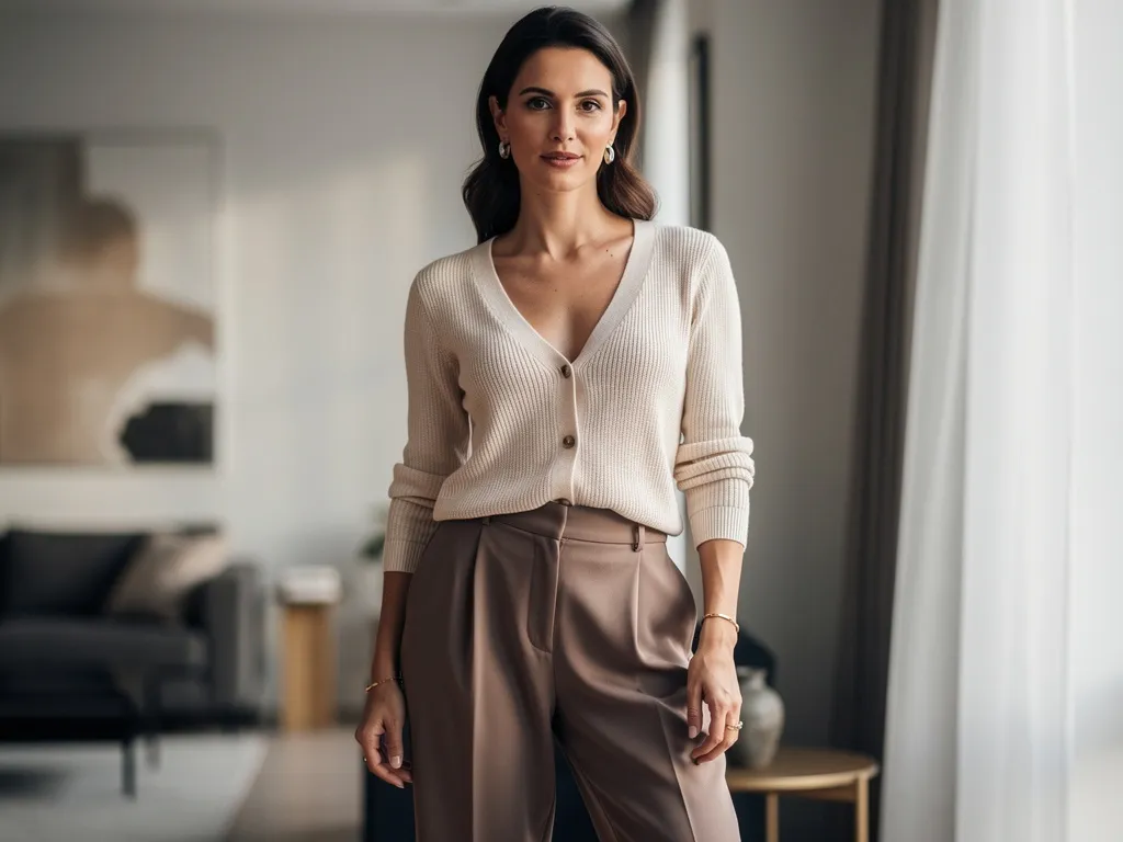 Cardigan fin porté comme un top avec un seul bouton fermé, pantalon taille haute et bijoux discrets, look féminin moderne.