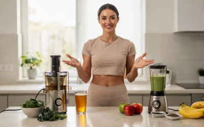 Femme adepte bien-être sportive hésite entre extracteur et un blender dans sa cuisine