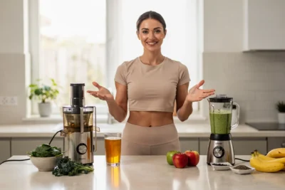 Femme adepte bien-être sportive hésite entre extracteur et un blender dans sa cuisine
