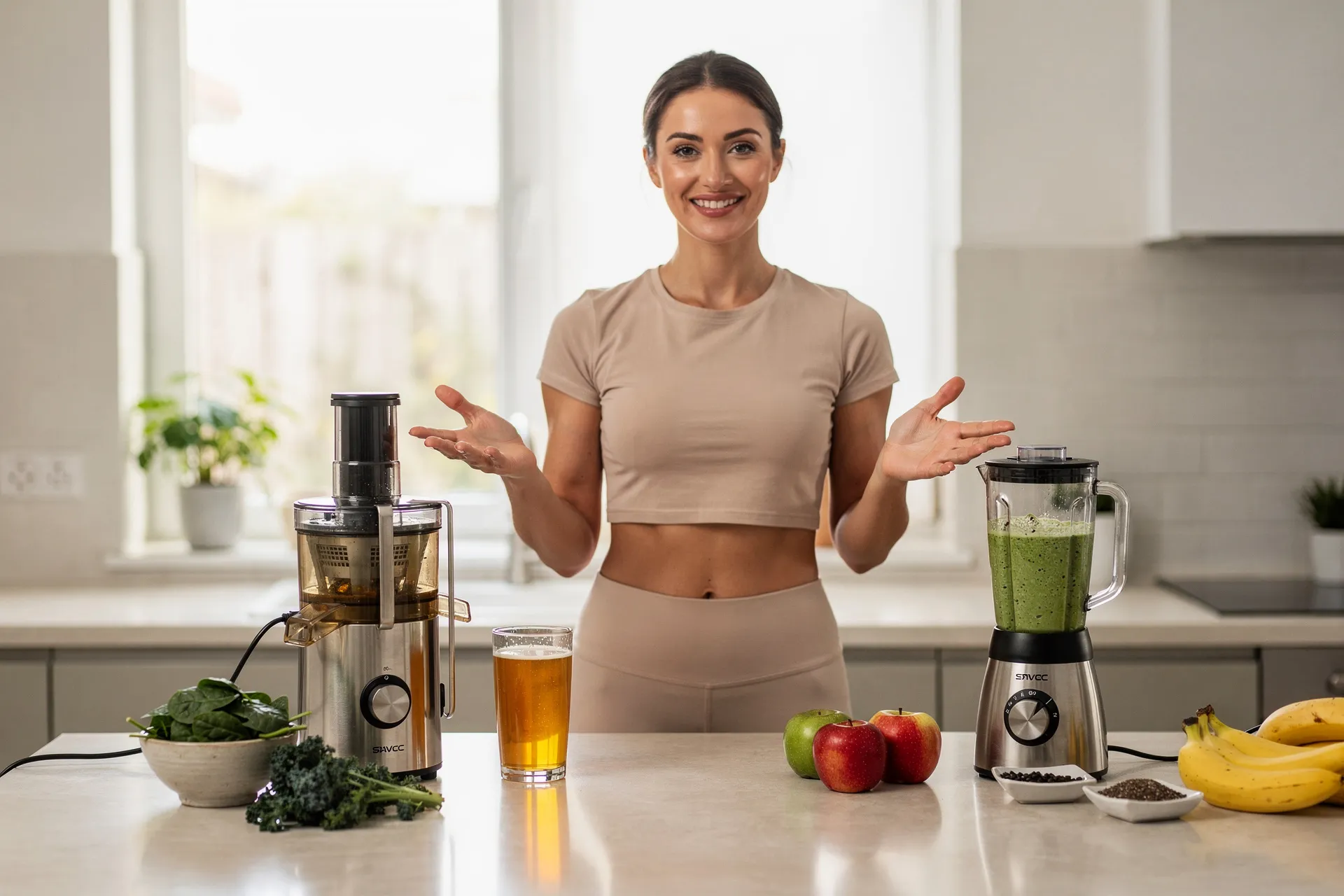 Femme adepte bien-être sportive hésite entre extracteur et un blender dans sa cuisine