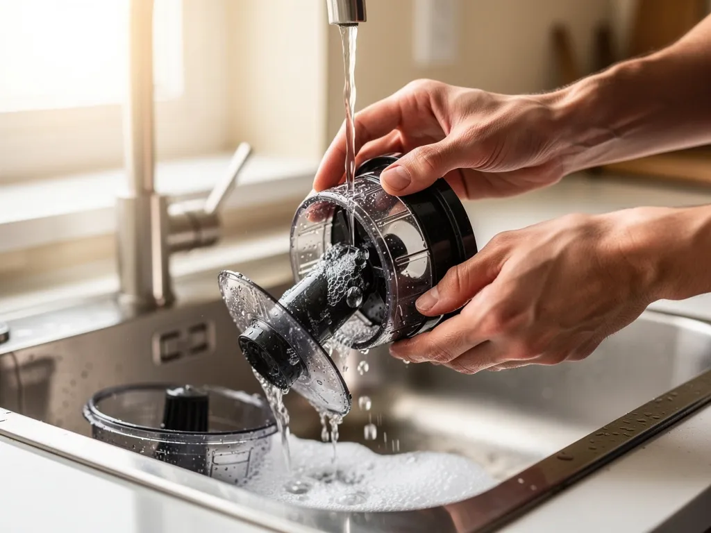 Main en train de nettoyer un extracteur de jus composé de plusieurs pièces démontées sur un évier de cuisine