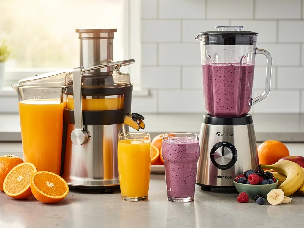 Comparaison d’un extracteur et d’un blender sur un plan de travail, montrant la différence entre jus clair et smoothie dense