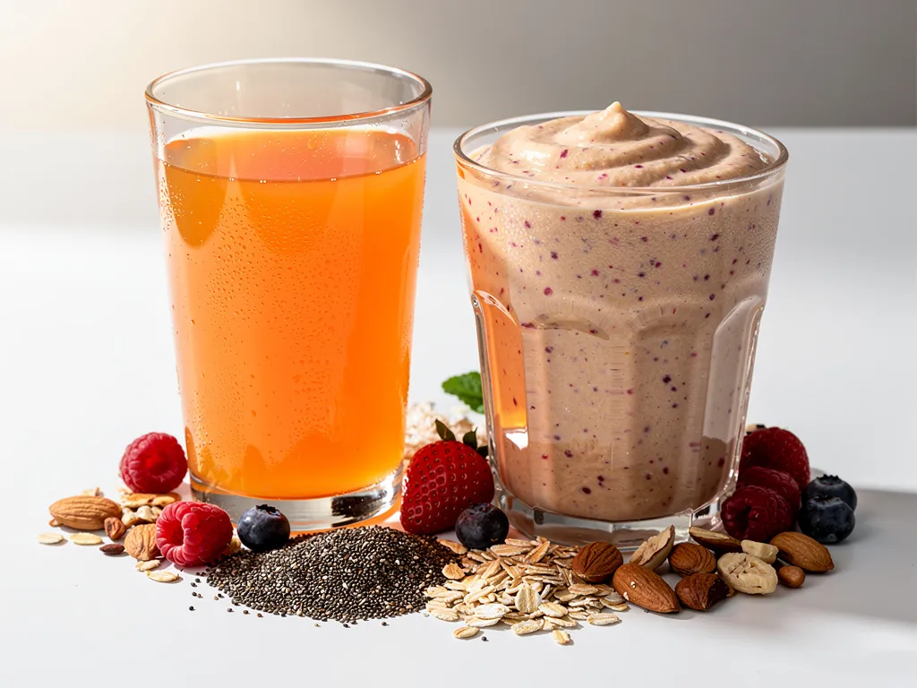 Verres de jus clair et de smoothie épais posés côte à côte pour comparer textures et bénéfices nutritionnels