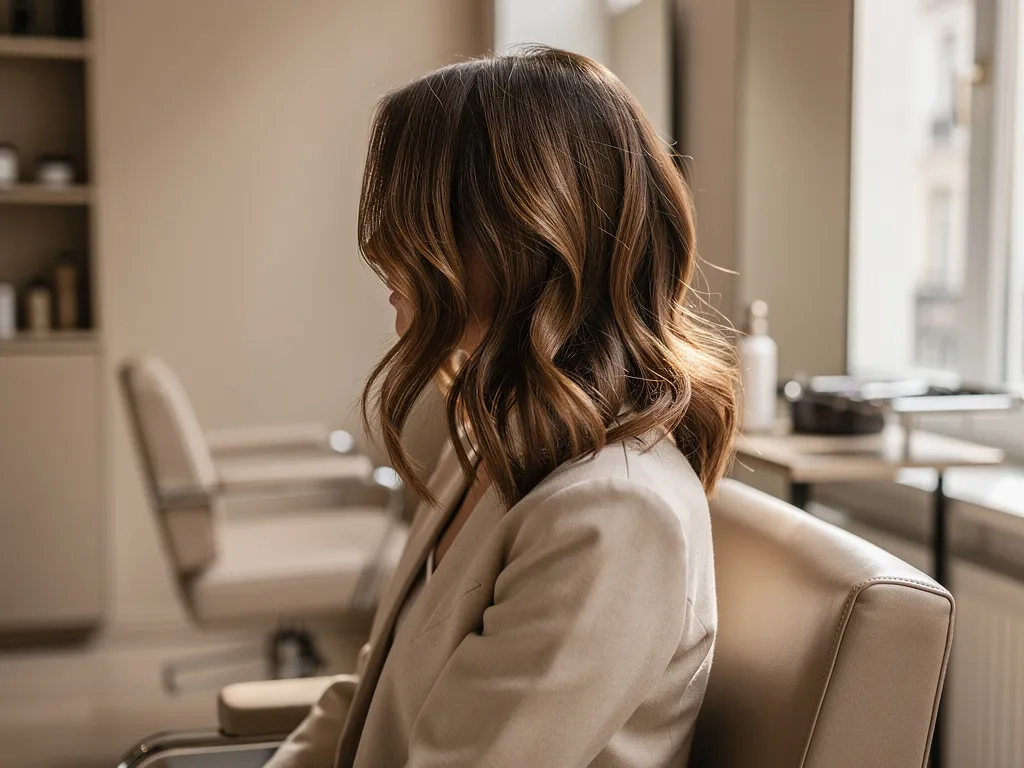 Femme aux cheveux mi-longs dégradés légèrement ondulés, coupe moderne mettant en valeur le volume naturel et la douceur du visage.