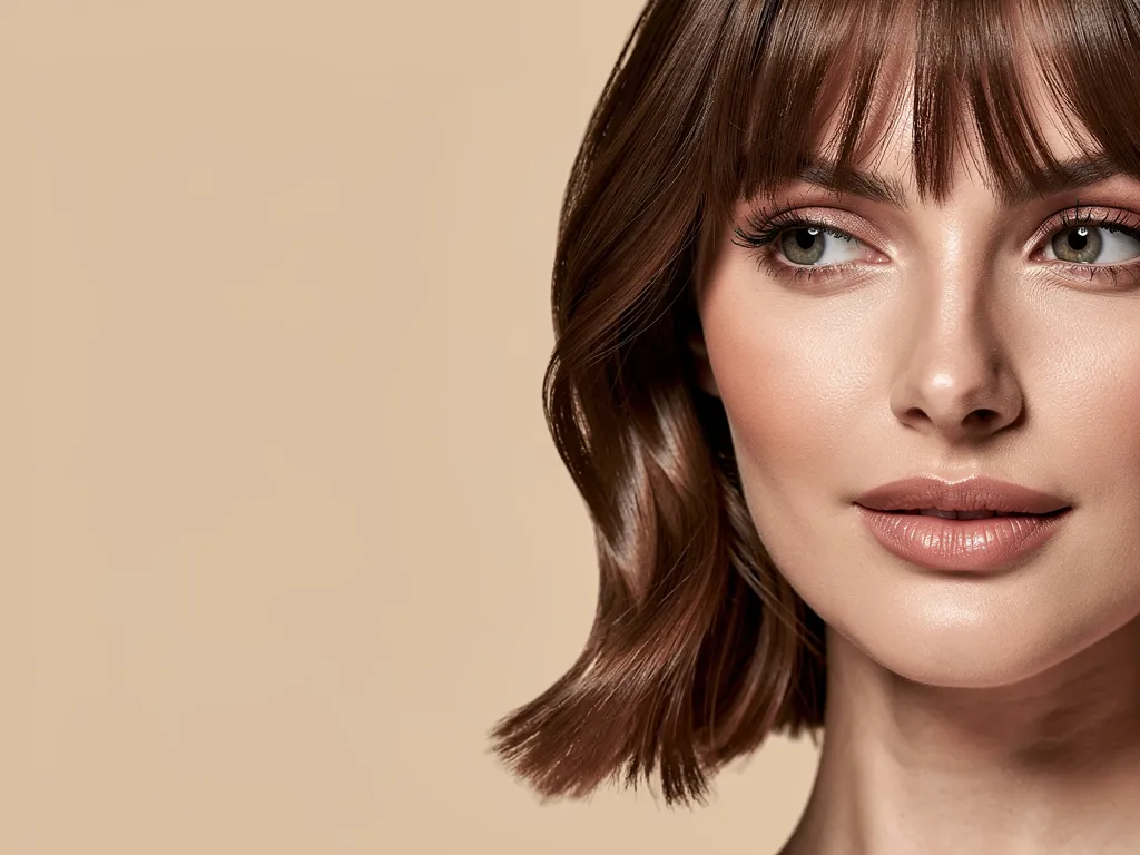 Cheveux mi-longs avec frange rideau et brillance naturelle, coupe tendance idéale pour structurer les traits et harmoniser la forme du visage.