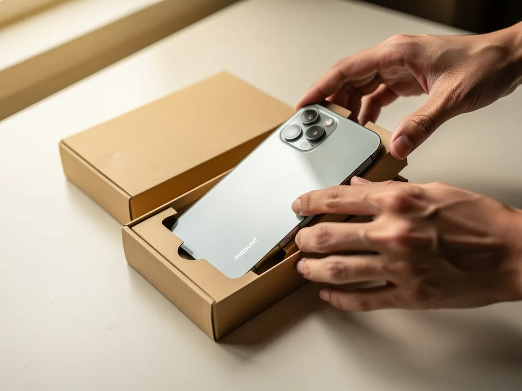 Smartphone reconditionné dans un emballage sobre, symbole d’un achat responsable et d’une seconde vie du produit.