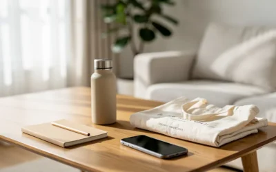 Objets du quotidien (gourde, iPhone, carnet, tote bag) disposés sur une table dans une ambiance minimaliste pour illustrer une consommation plus durable.