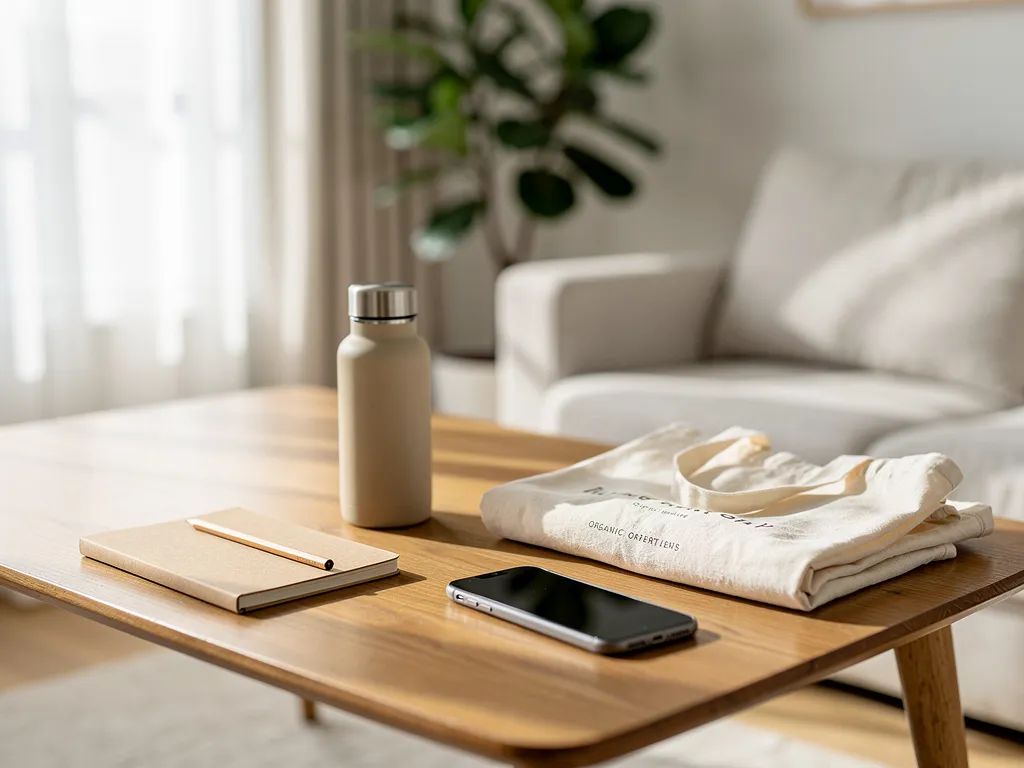 Objets du quotidien (gourde, iPhone, carnet, tote bag) disposés sur une table dans une ambiance minimaliste pour illustrer une consommation plus durable.