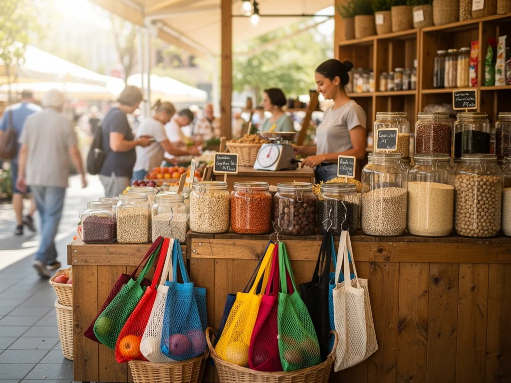Produits en vrac et sacs réutilisables sur un marché, illustrant des habitudes de consommation plus responsables.