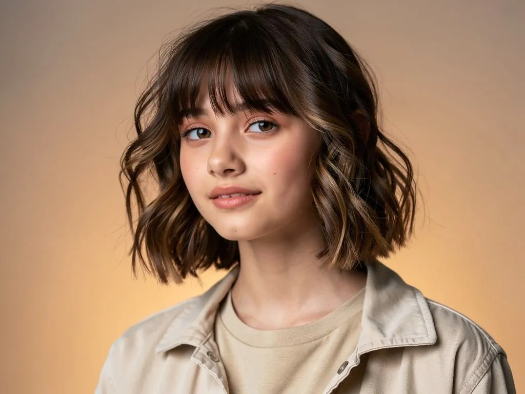 Coiffure ado tendance carré wavy texturé avec frange rideau adaptée aux collégiennes et lycéennes style naturel