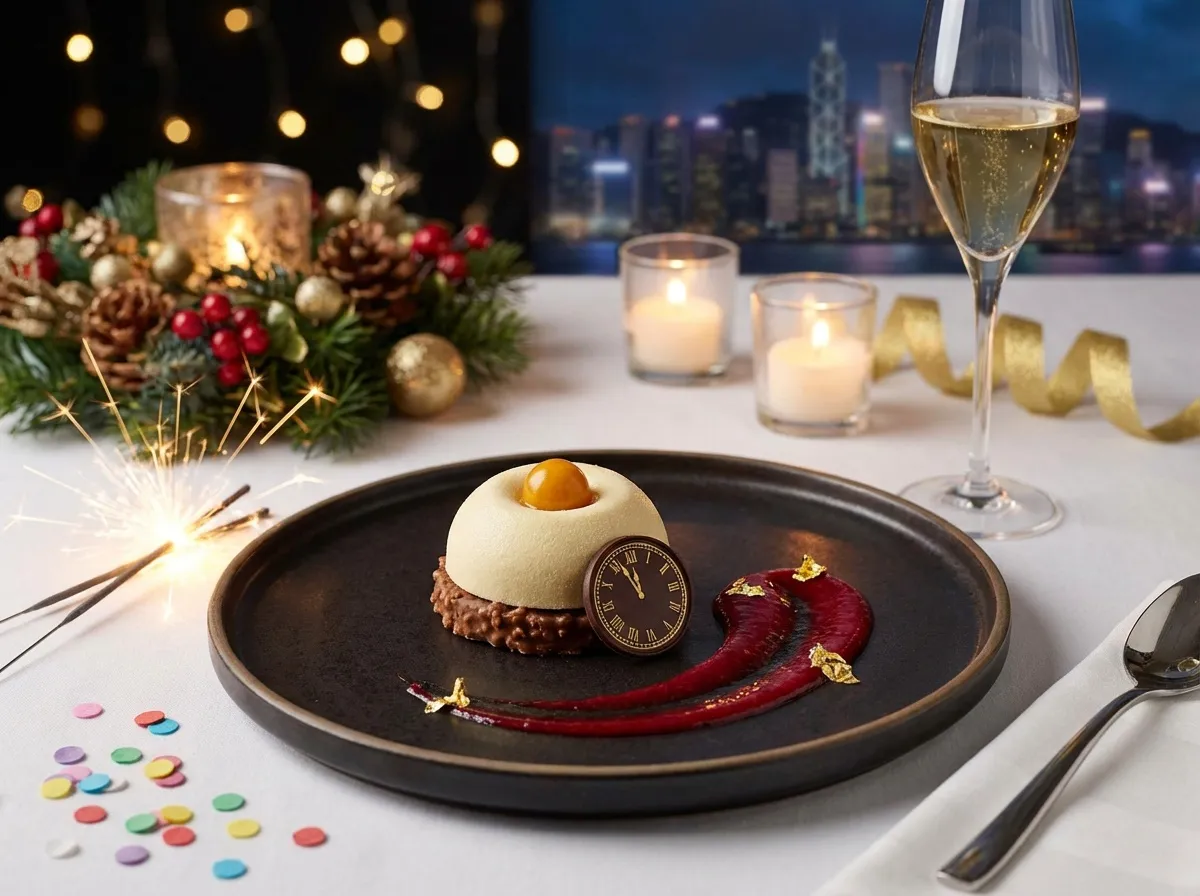 Dome de mandarine dessert individuel élégant façon restaurant servi pour un réveillon du Nouvel An