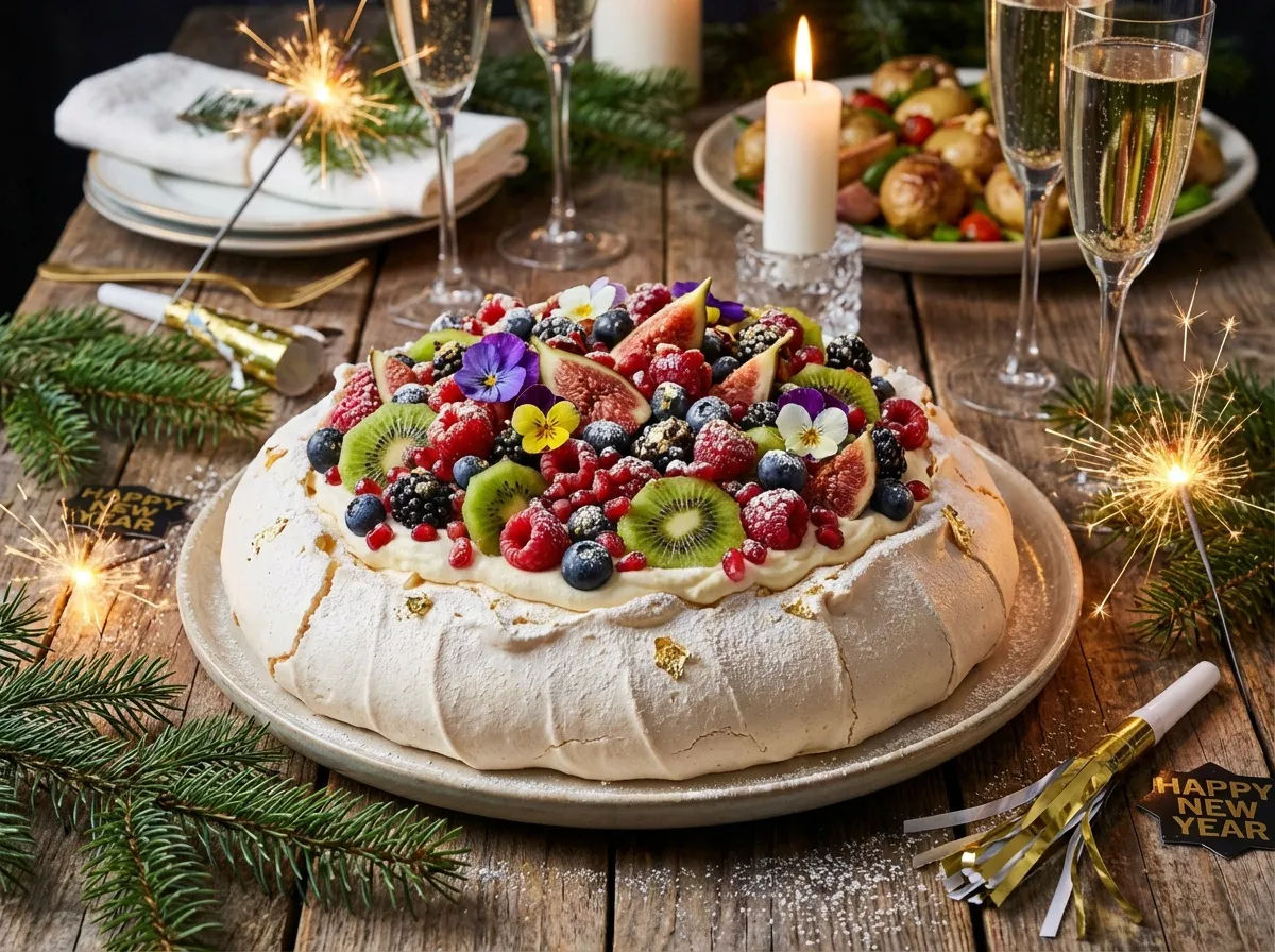 Pavlova aux fruits frais dressée comme dessert de fête pour le repas du Nouvel An