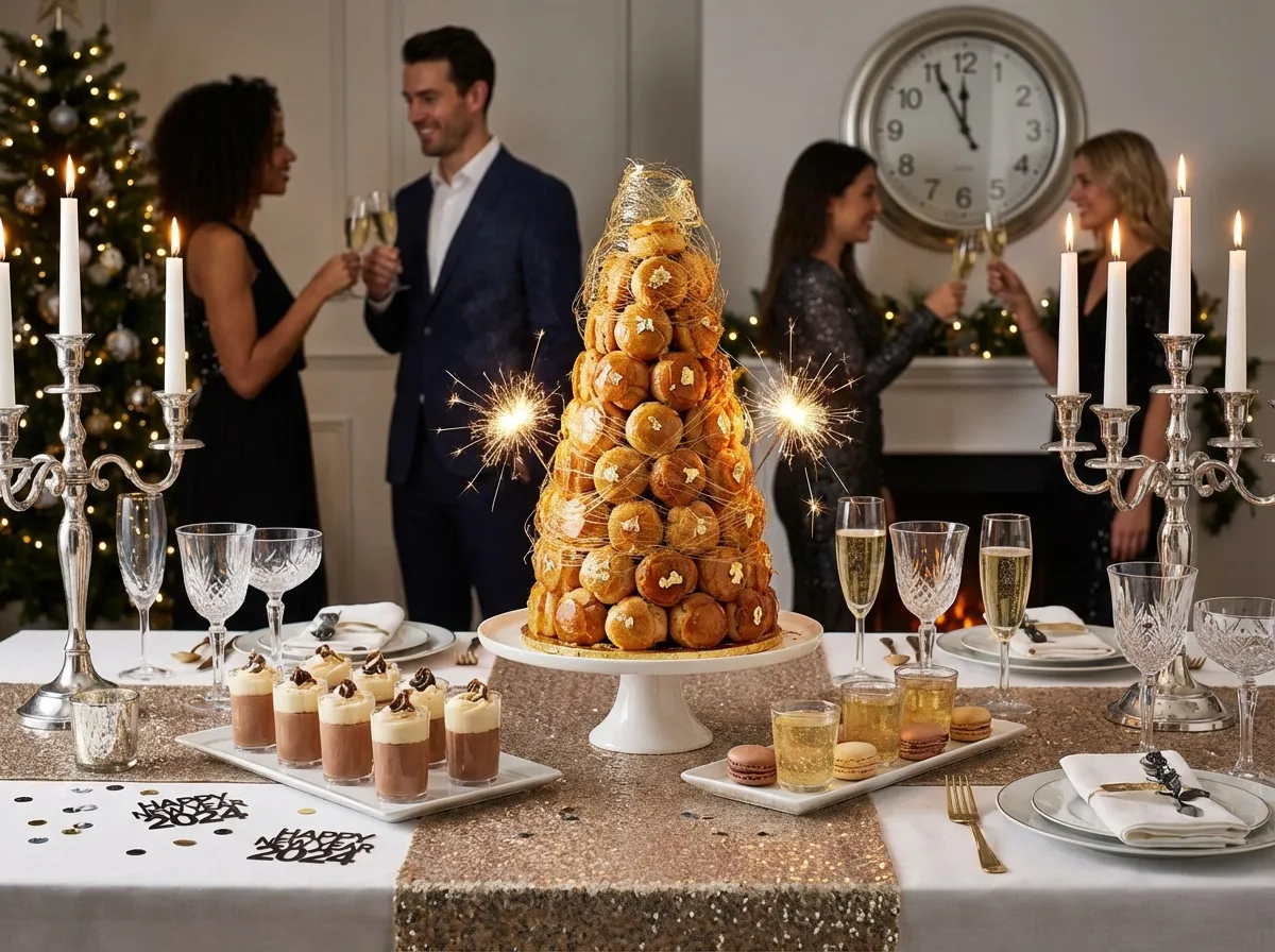 Dessert élégant du Nouvel An présenté sur une table de fête chic pour le réveillon du 31 décembre