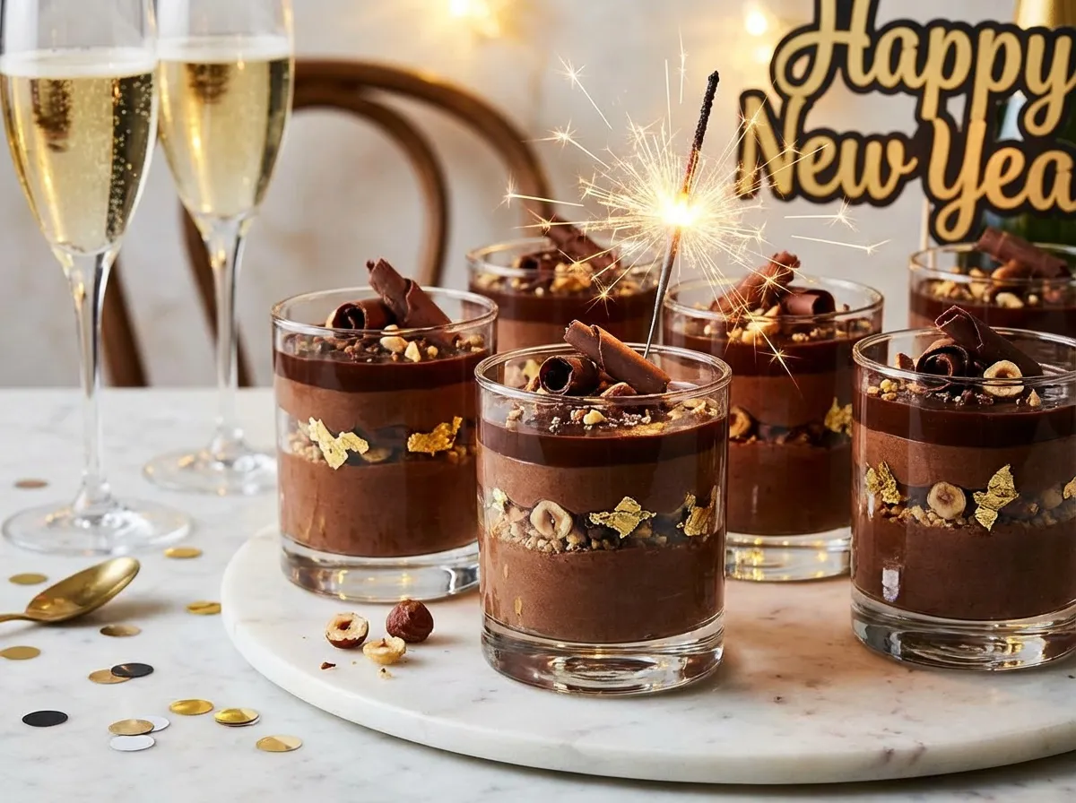 Verrines au chocolat élégantes servies en dessert de Nouvel An dans des verres transparents