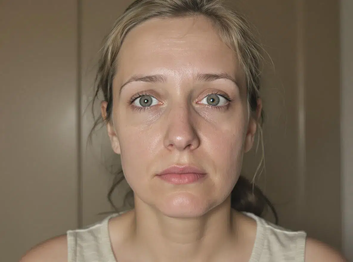 Visage de femme au teint terne et irrégulier, peau manquant d’éclat avant l’utilisation d’un sérum visage