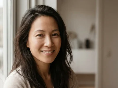 Femme au teint lumineux et uniforme, peau du visage éclatante naturellement après une routine soin à la vitamine C