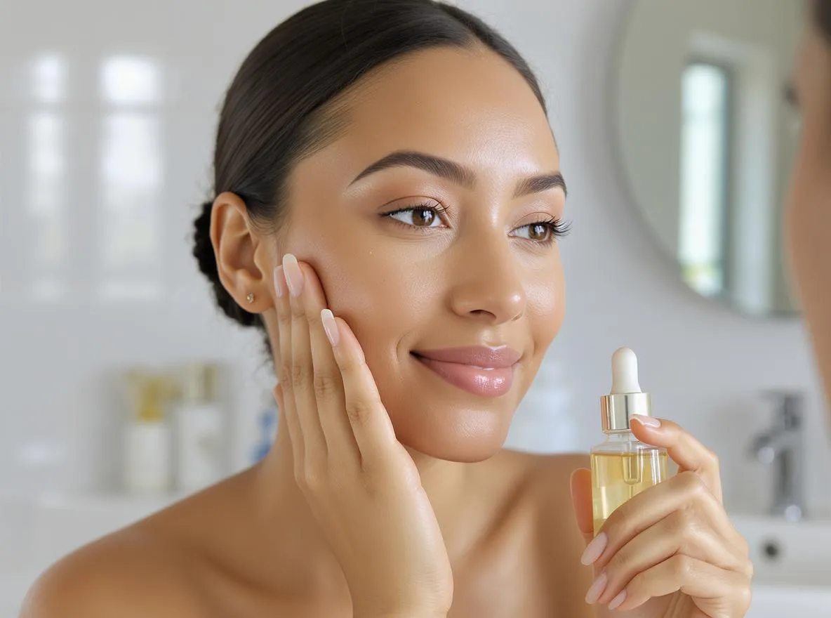 Application d’un sérum à la vitamine C sur le visage pour améliorer l’uniformité du teint et la luminosité