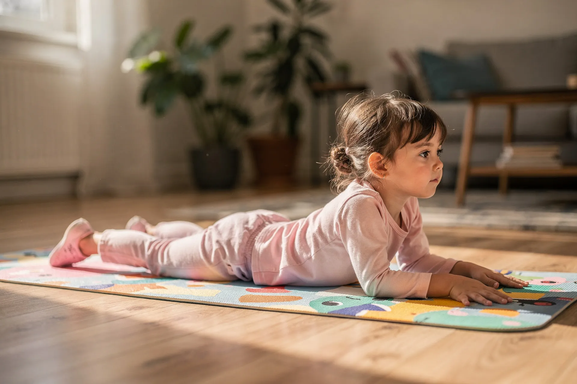 Enfant allongé sur le ventre en posture du petit cobra sur un tapis de yoga coloré