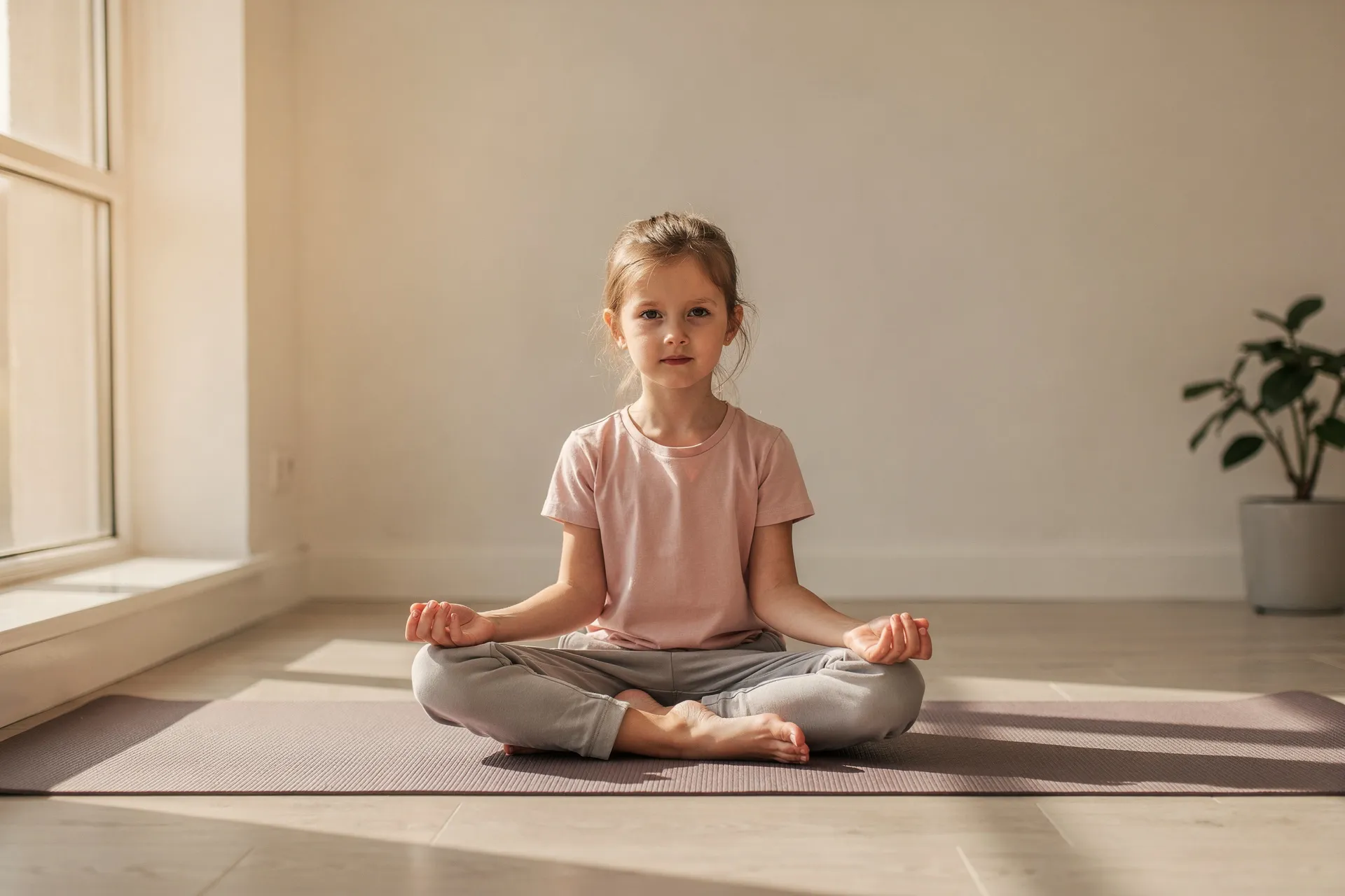 Enfant assis en posture du papillon sur un tapis de yoga dans une chambre calme avec lumière douce