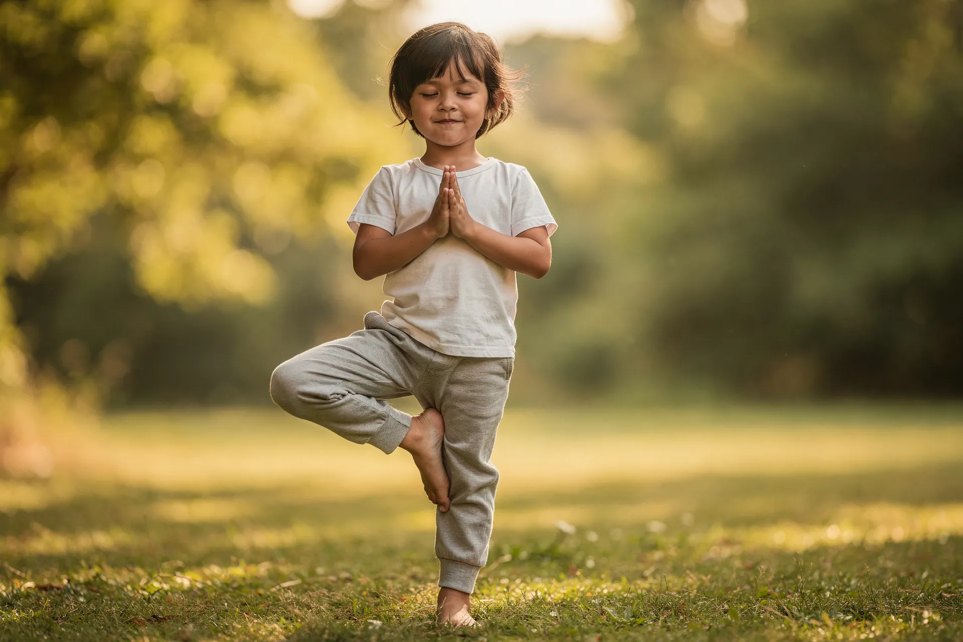 Enfant debout en posture de l’arbre dans un parc, avec les mains jointes devant la poitrine dans un environnement calme