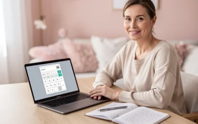 Femme utilisant un outil de calcul de l’IMC sur ordinateur dans un intérieur doux et apaisant, ambiance bien-être et santé