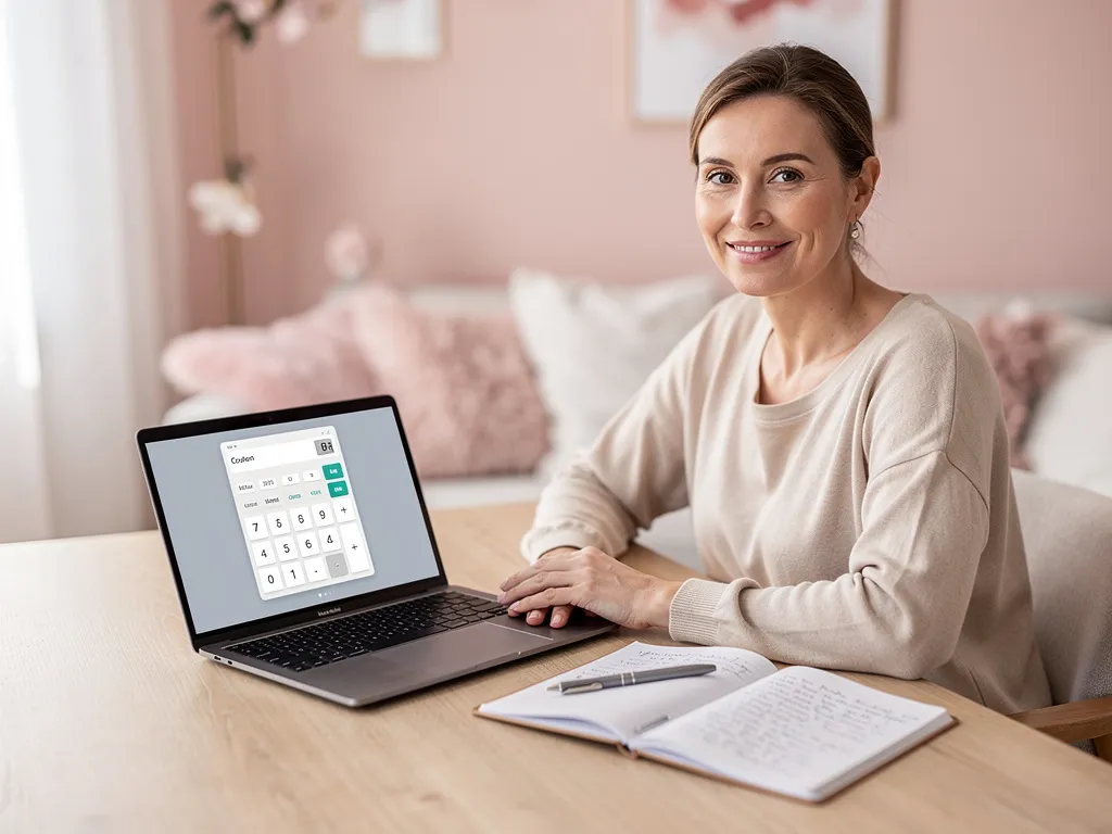 Femme utilisant un outil de calcul de l’IMC sur ordinateur dans un intérieur doux et apaisant, ambiance bien-être et santé