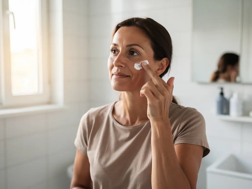 Femme appliquant un soin du visage devant un lavabo, peau naturelle, routine beauté simple pour choisir un soin adapté à sa peau
