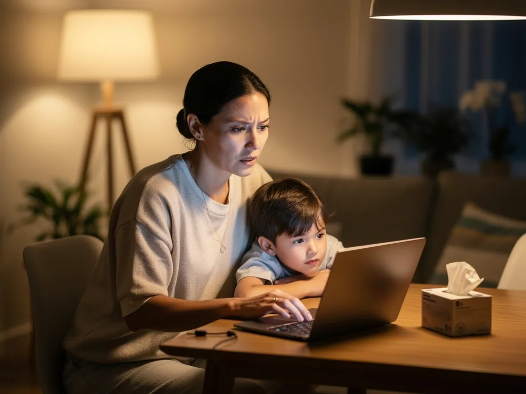 femme enfant téléconsultation médicale Une mère consulte un médecin en ligne depuis son salon en soirée avec son enfant malade, illustrant la simplicité de la téléconsultation.