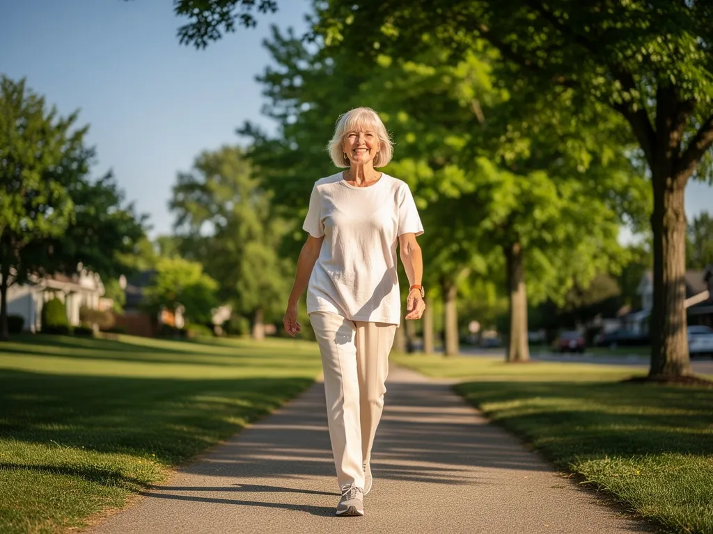 Femme senior marchant à l’extérieur à la lumière du jour, favorisant la régulation du rythme veille-sommeil.