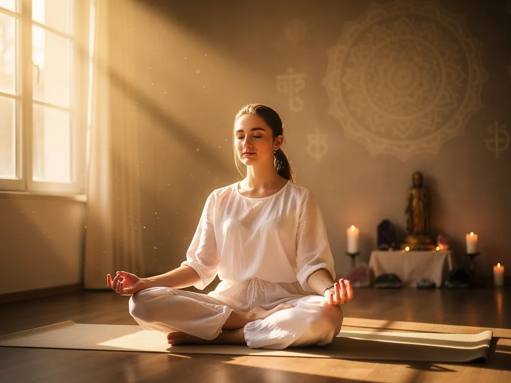 Femme en pleine séance de yoga Kundalini à la maison