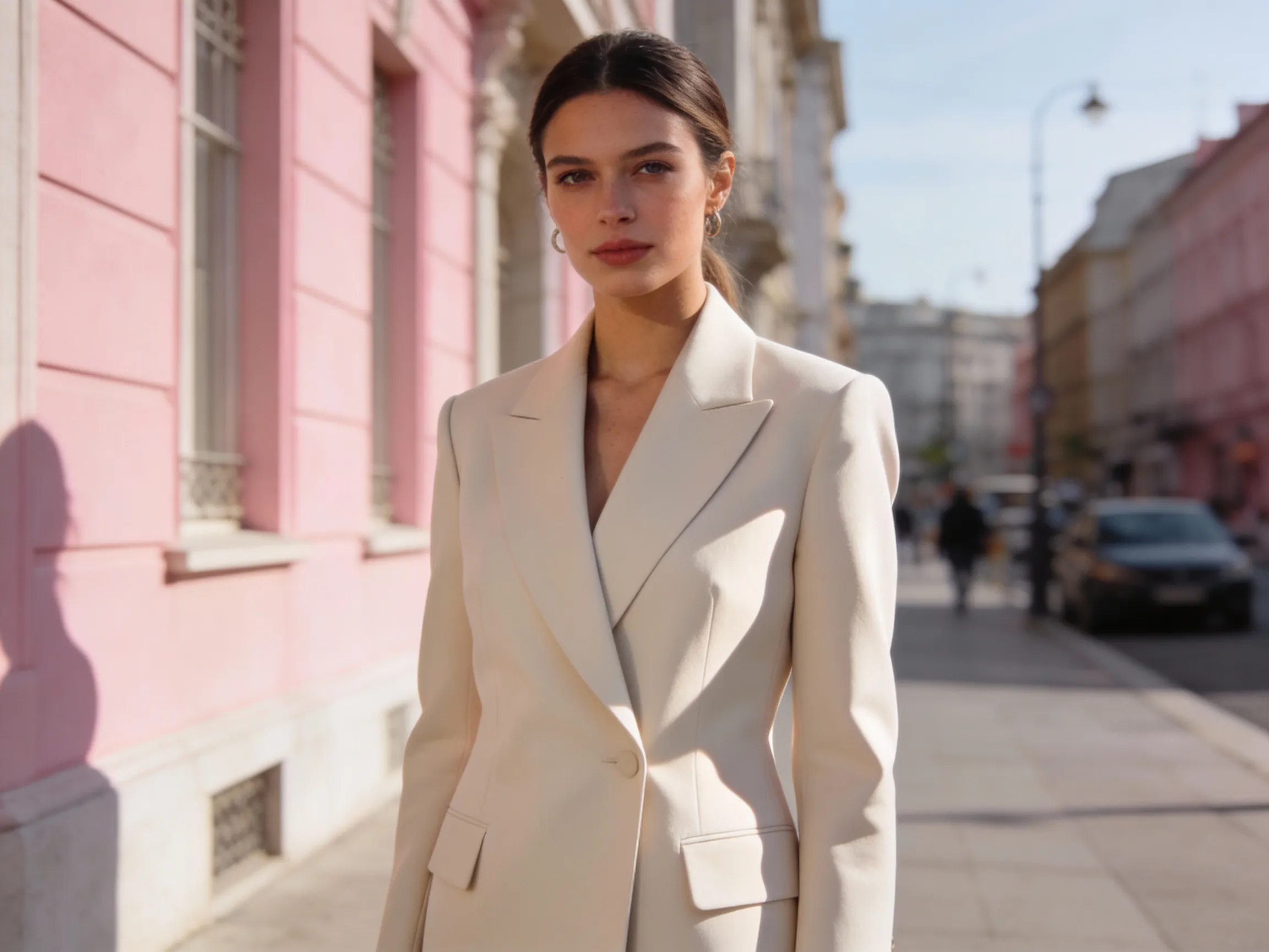 Femme en tenue signature structurée et élégante, tendance mode 2026, silhouette nette et style sans déguisement