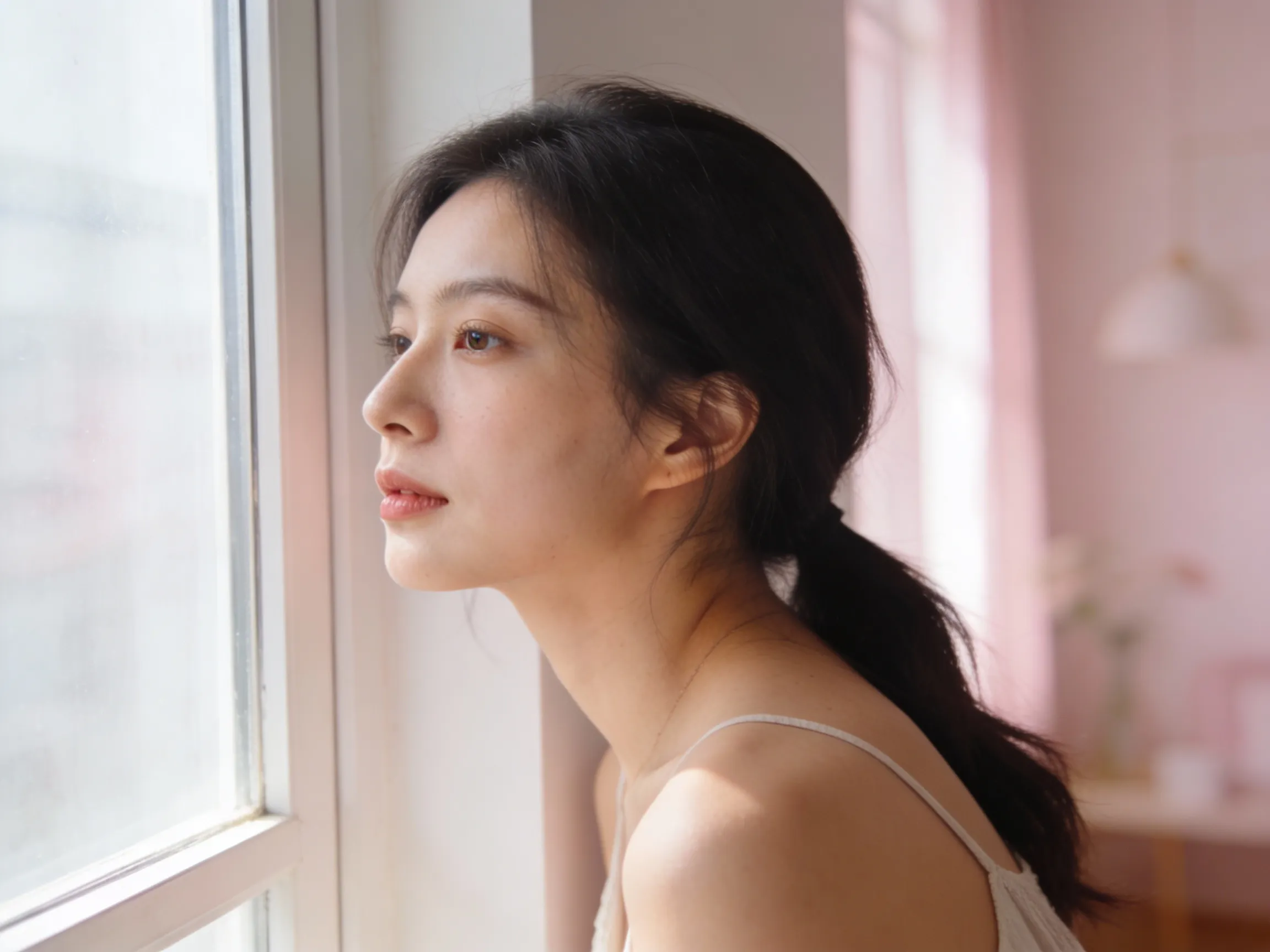 Portrait éditorial d’une femme lucide et apaisée, intérieur clair, symbole d’un bilan émotionnel et réel 