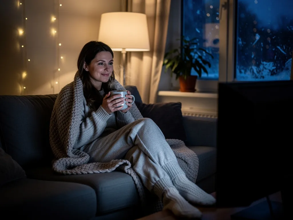Femme regardant un film de Noël seule dans une ambiance douce et hivernale, moment calme et réconfortant