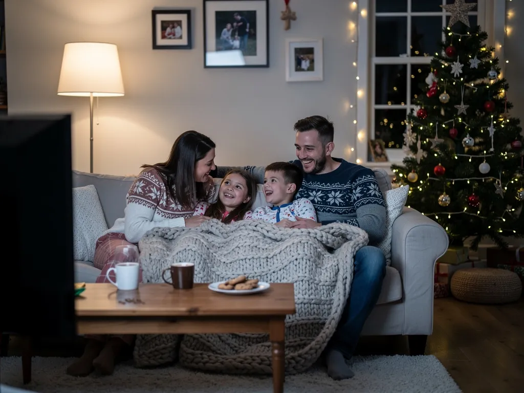 Famille réunie sur un canapé en hiver regardant un film de Noël, moment chaleureux et simple à partager ensemble