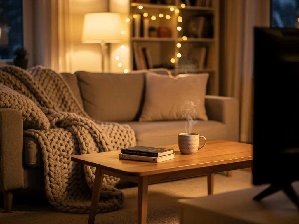 Salon chaleureux et cocooning en hiver, lumière douce et plaid, ambiance idéale pour regarder un film de Noël au calme