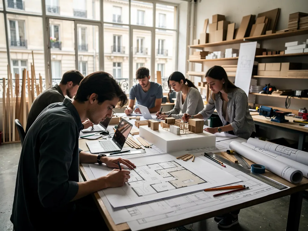 Groupe etudiants architecture préparant les concours d’architecture dans un atelier de prépa spécialisée à Paris
