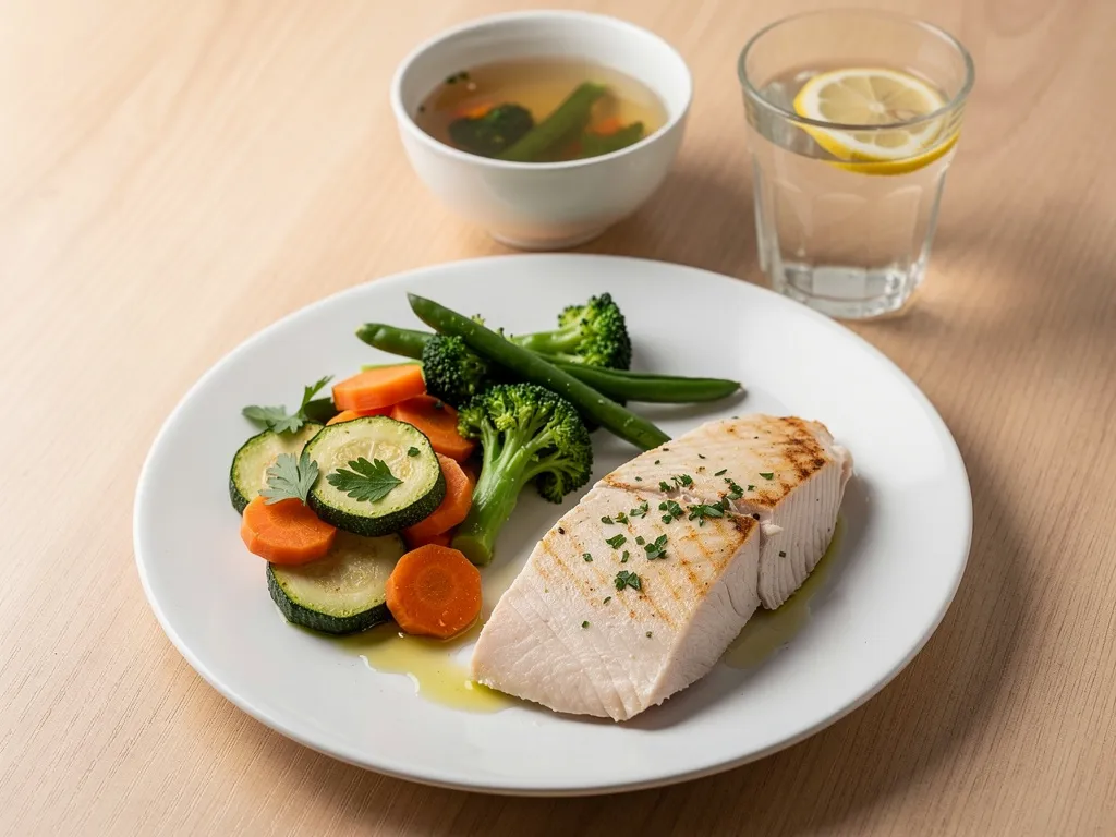 Déjeuner léger après Noël avec légumes cuits et poisson blanc, plat simple pour éviter les lourdeurs digestives