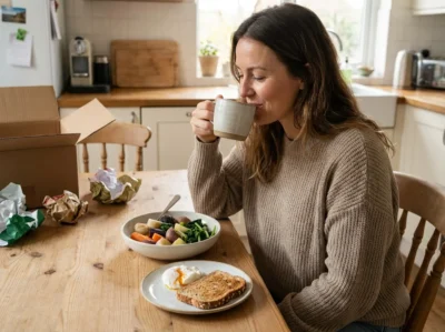 Belle femme en forme le lendemain de noel mangeant un bon déjeuner léger composé de légumes cuits et d’un plat simple pour soulager la digestion et retrouver de l’énergie. Image réaliste, naturelle