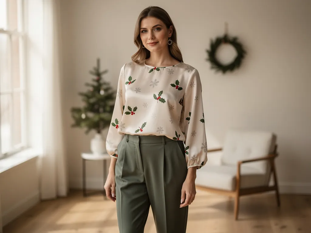 Tenue de Noël femme avec pantalon chic et haut fluide à motifs discrets, look simple et élégant sans déguisement
