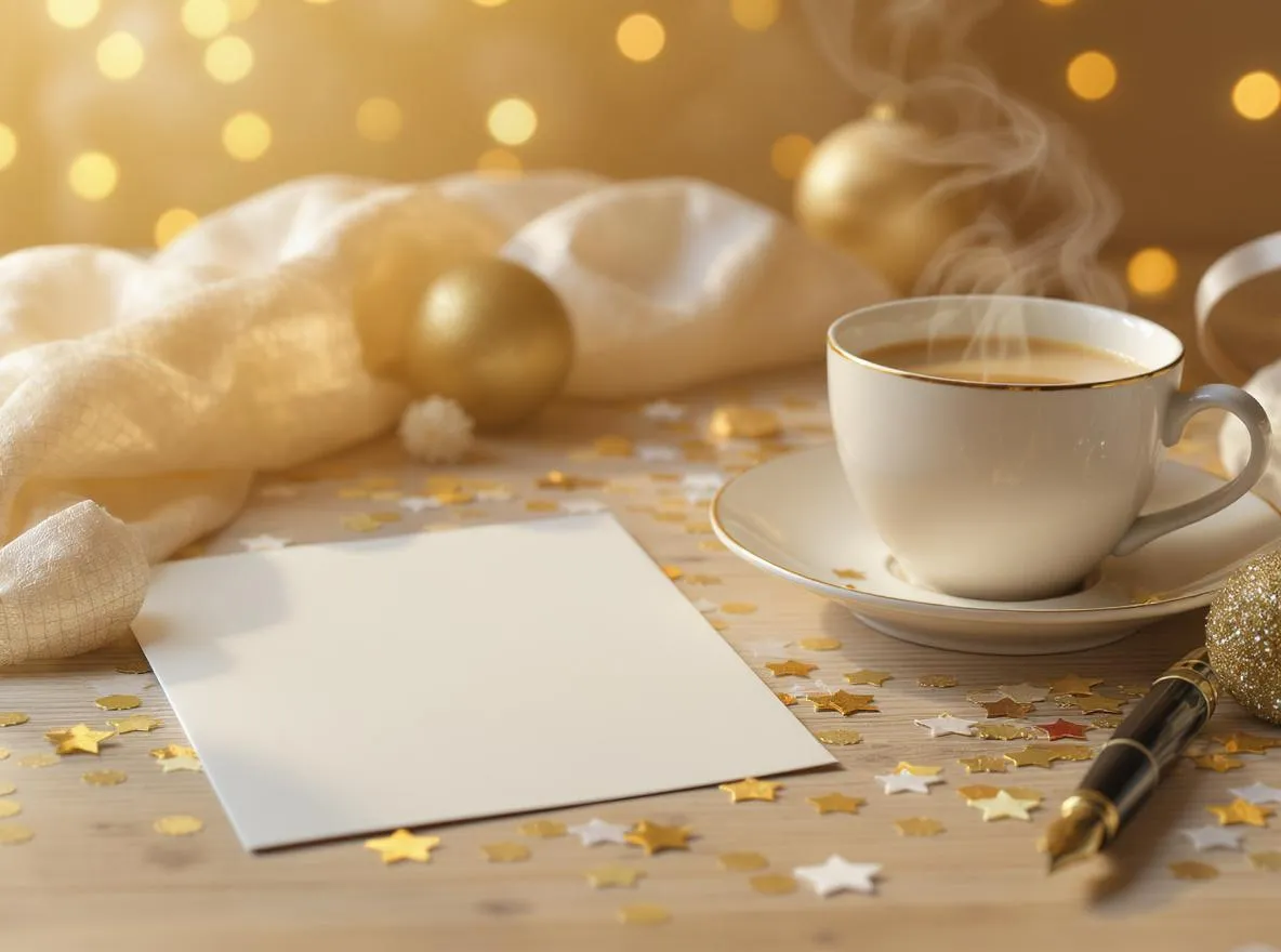 Carte de vœux du Nouvel An posée sur une table, lumière dorée en fond, ambiance élégante et chaleureuse.