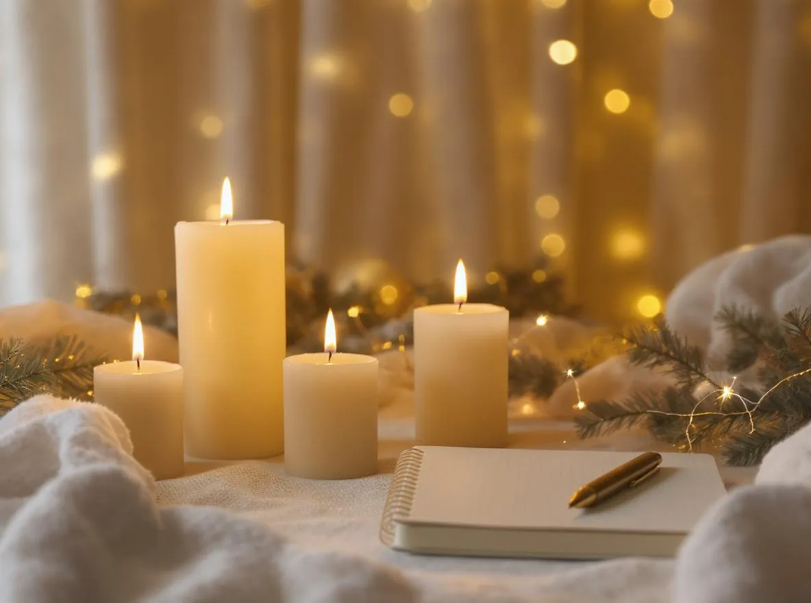 Bougies et guirlande dorée créant une ambiance de Nouvel An chic, carnet et stylo posés sur une table.