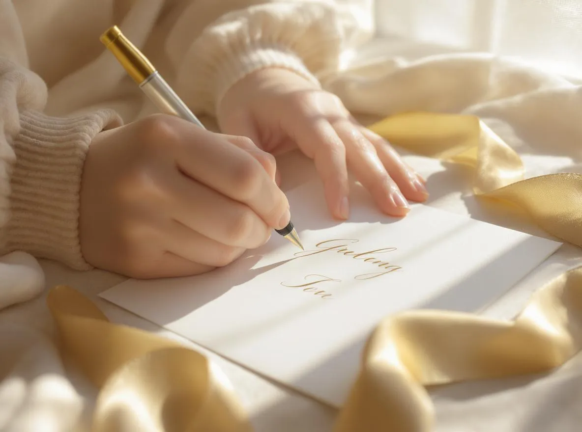 Mains écrivant un message de vœux sur une carte blanche, enveloppe et ruban doré, lumière douce d’hiver.