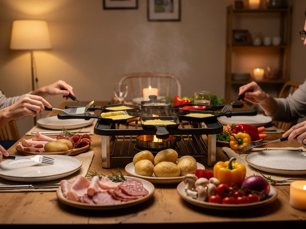 Repas convivial de Nouvel An avec raclette, fromages fondus et accompagnements, ambiance chaleureuse et détendue