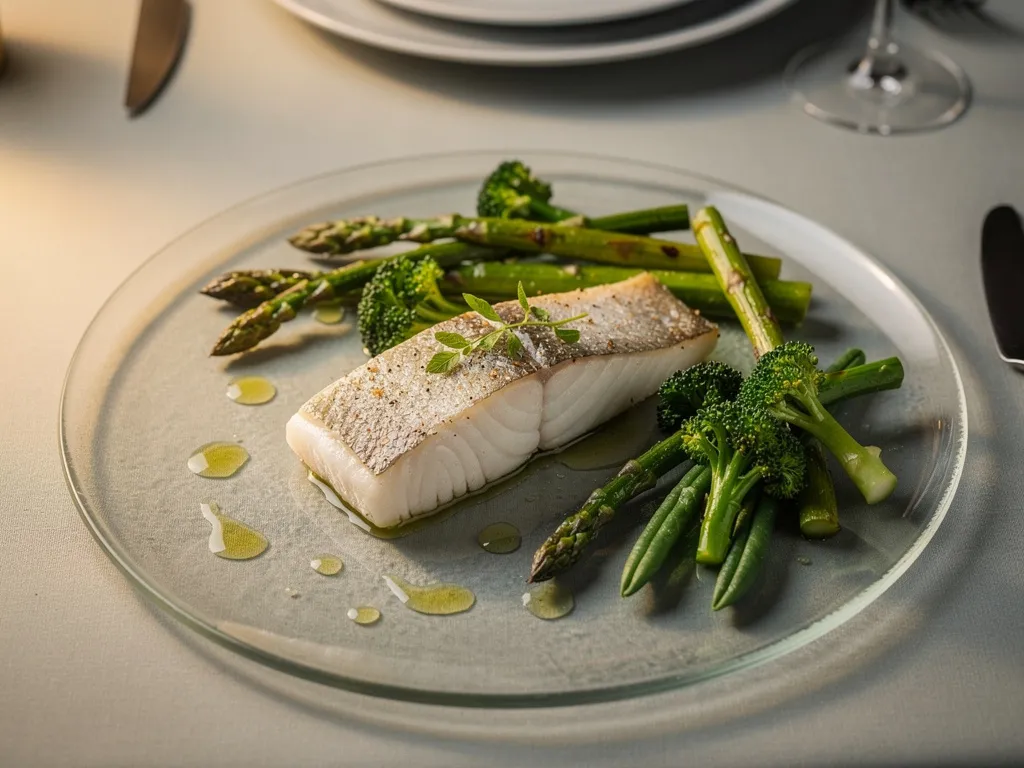 Pavé de poisson au four accompagné de légumes verts rôtis, menu de Nouvel An léger et élégant