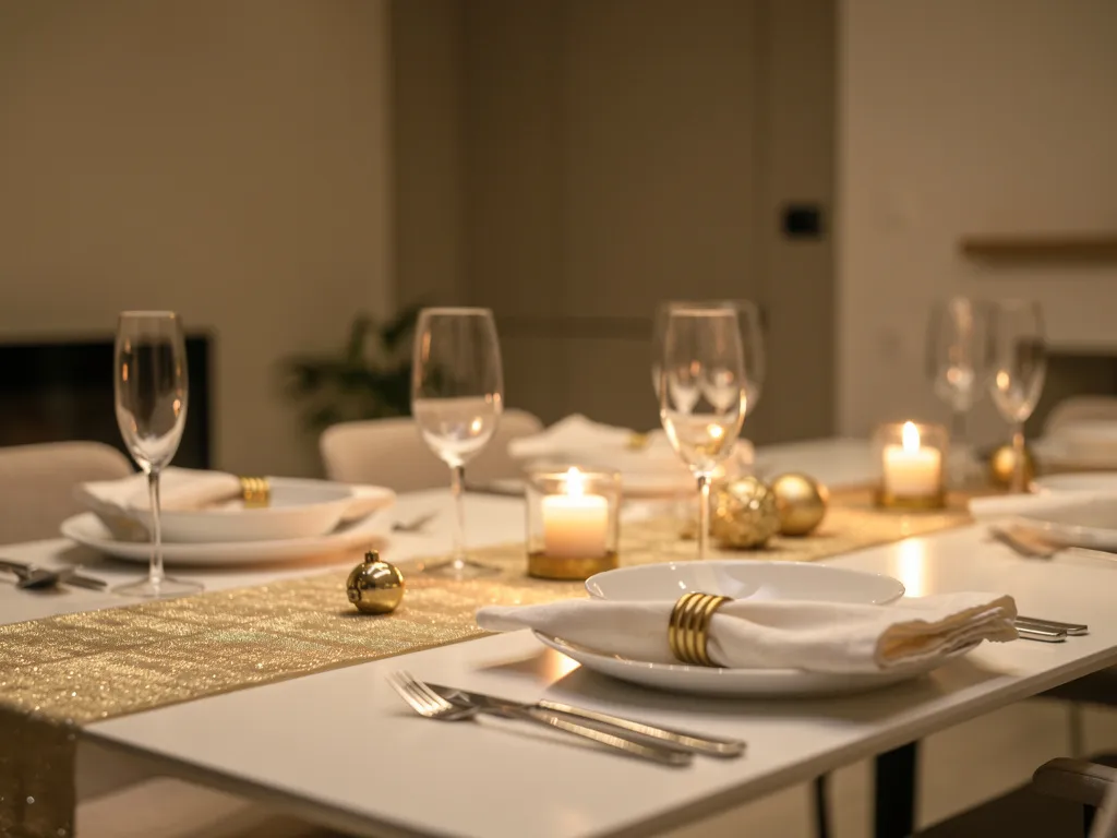 Table de Nouvel An simple et élégante avec vaisselle blanche, bougies et détails dorés, ambiance chaleureuse et sans surcharge