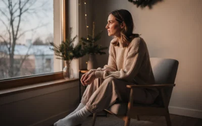 noel-et-fetes-fatigue-emotionnelle (1) Femme fatiguée assise près d’une fenêtre en période de Noël, ambiance hivernale douce évoquant la fatigue émotionnelle des fêtes