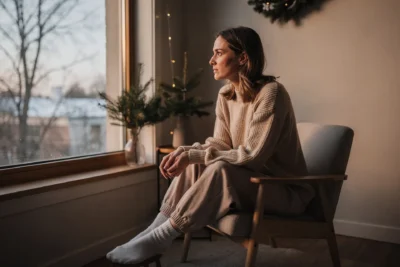 Femme fatiguée assise près d’une fenêtre en période de Noël, ambiance hivernale douce évoquant la fatigue émotionnelle des fêtes
