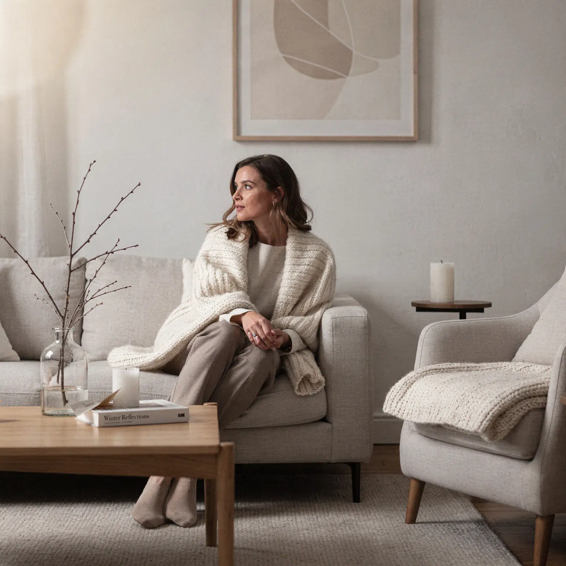 Femme se reposant pendant les fêtes de fin d’année, évoquant la fatigue mentale et le besoin de calme intérieur
