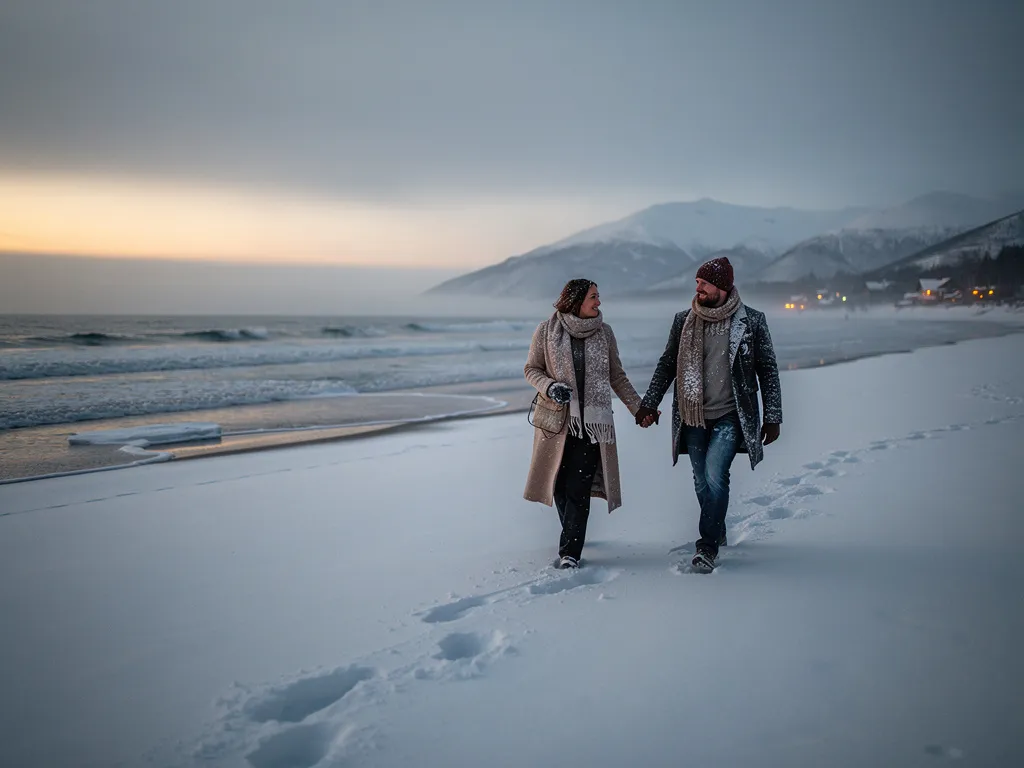 Couple marchant main dans la main dans un paysage hivernal calme, bord de mer ou montagne, soirée du Nouvel An, ambiance silencieuse et contemplative